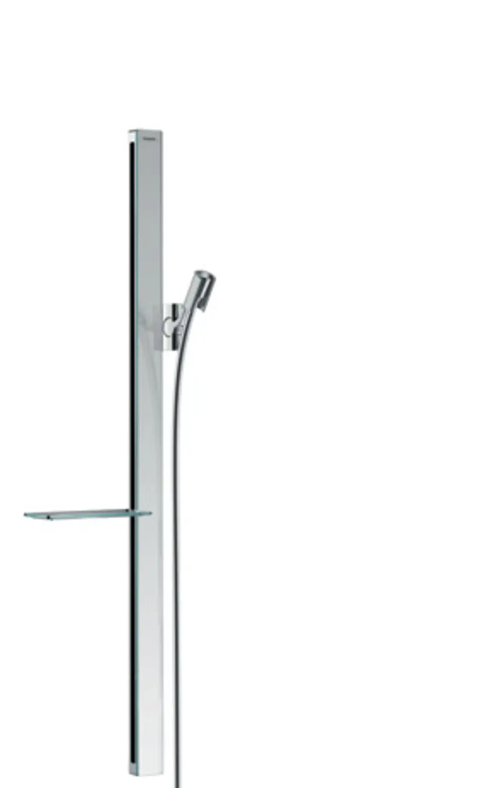 Hansgrohe Brausestange in chromfarbener Ausführung mit Halterung für Brausekopf und einer Ablagefläche. Modernes Design, geeignet für die Montage in Duschbereichen.